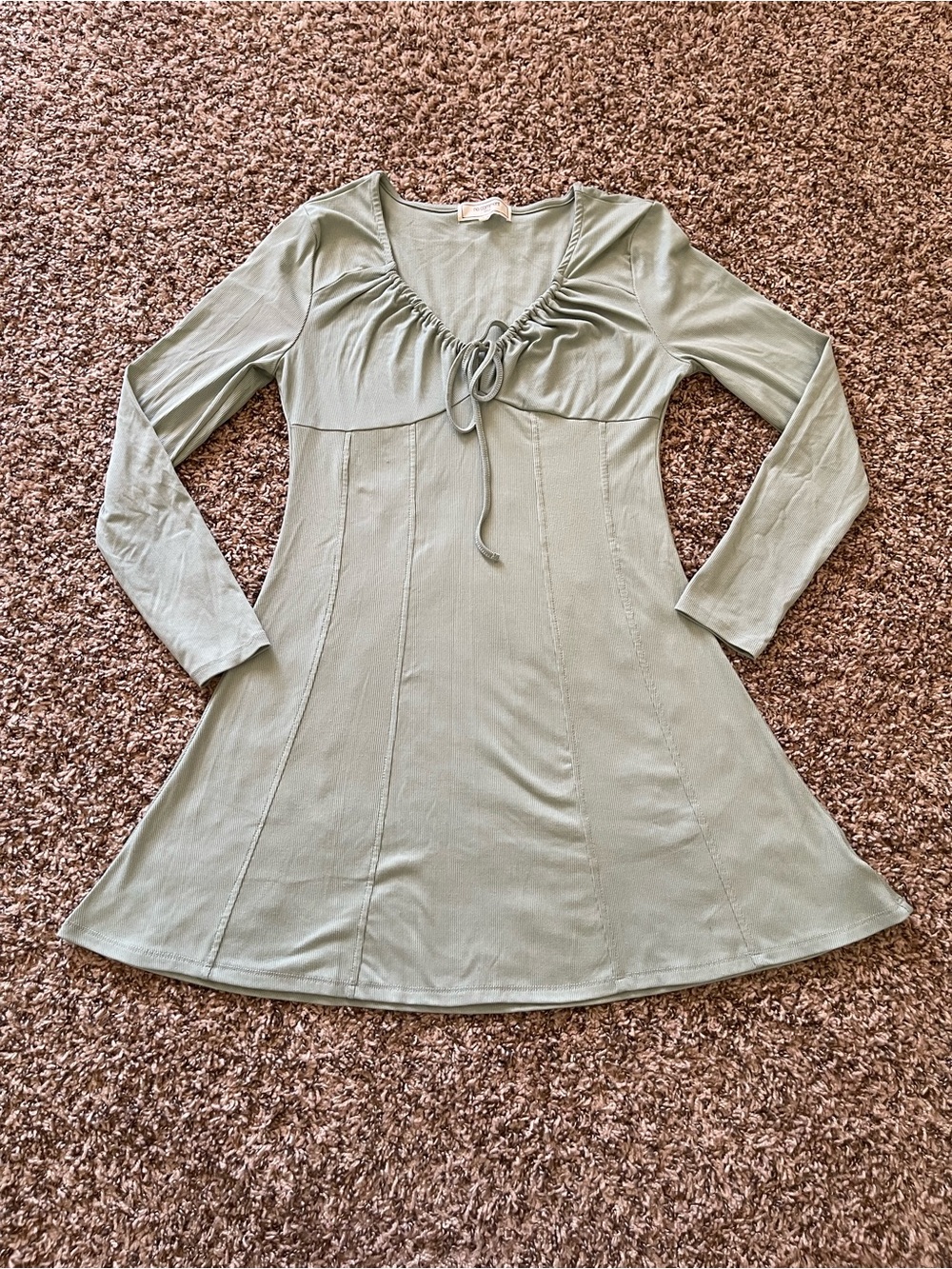 No Comment Dress Size XL Sage Green Ribbed Long Sleeve Tie‎ Front Mini Skater